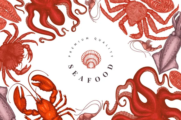 海鲜设计模板 手工绘制的矢量海鲜插图 雕刻风格的食物横幅 古旧的海洋动物背景 — 图库矢量图片