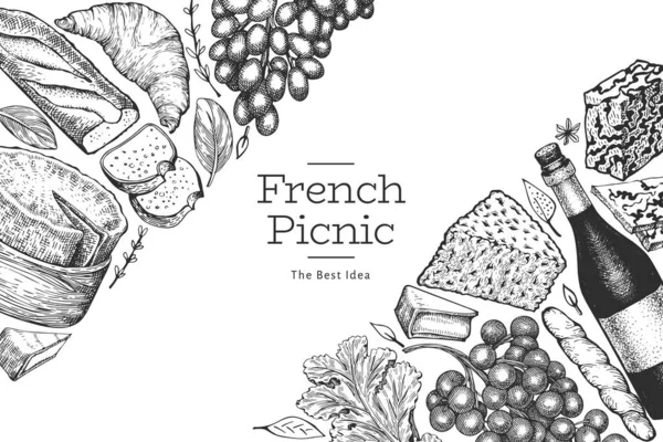 French Food Illustration Design Template Hand Drawn Vector Picnic Meal — Stockvector