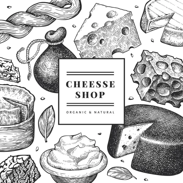 奶酪设计模板 手绘病媒乳制品图解 雕刻风格不同的奶酪类横幅 陈腐食品背景 — 图库矢量图片