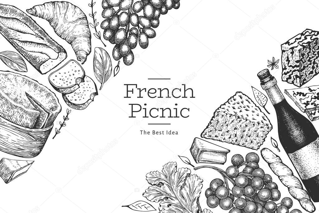 French food illustration design template. Hand drawn vector picnic meal illustrations. Engraved style different snack and wine banner. Retro food background.
