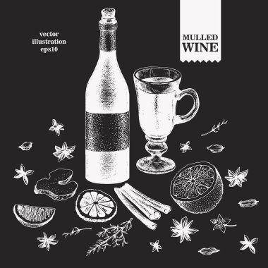 Elle çizilmiş şarap malzemesi çizimleri. Tebeşir tahtasında vektör çizimleri. Eski arkaplan