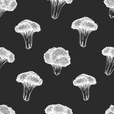 El çizimi brokoli pürüzsüz desen. Tebeşir tahtasında vektör sebze çizimleri. Antika gıda arka planı