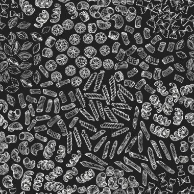 Elle çizilmiş kusursuz makarna deseni. Tebeşir tahtasında vektör makarna çeşitleri. Antika gıda arka planı
