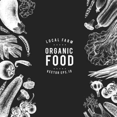 El yapımı sebze tasarım şablonu. Tebeşir tahtasında vektör sebze çizimleri. Antika gıda arka planı