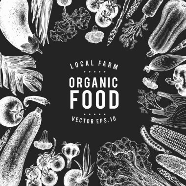 El yapımı sebze tasarım şablonu. Tebeşir tahtasında vektör sebze çizimleri. Antika gıda arka planı