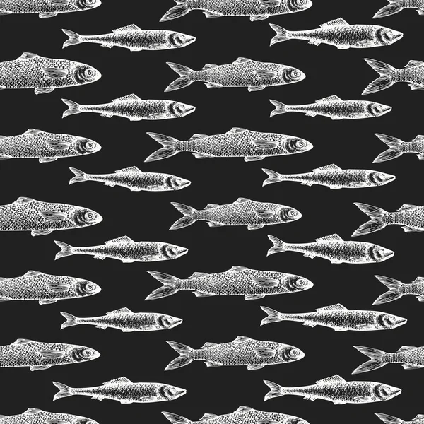 Hand drawn fish seamless pattern. Vector mullet illustrations on chalk board. Vintage marine background — Stock Illustration Hand Drawn Fish Seamless Pattern Vector Mullet Illustrations Chalk Board Stock Vector