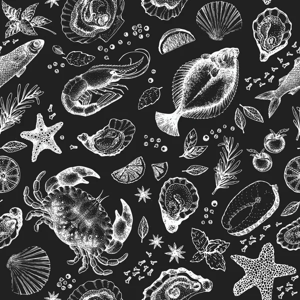 Hand drawn seafood seamless pattern. Vector crabsfishes and oystrers illustrations on chalk board. Vintage marine background — Stock Illustration Hand Drawn Seafood Seamless Pattern Vector Crabsfishes Oystrers Illustrations Chalk Vector Graphics