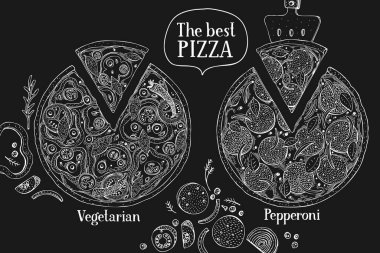 Elle çizilmiş pizza afişi. Tebeşir tahtasında İtalyan pizza illüstrasyonları. Fast food geçmişi