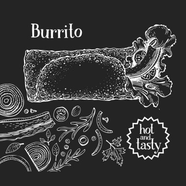 El yapımı burrito pankartı. Tebeşir tahtasında fast food çizimleri var. Retro abur cubur geçmişi