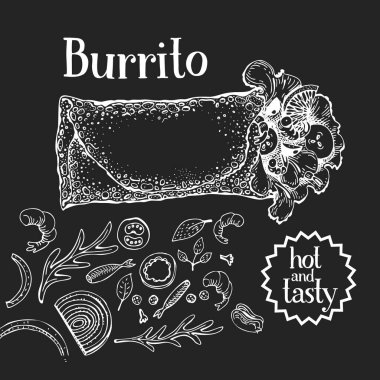 El yapımı burrito pankartı. Tebeşir tahtasında fast food çizimleri var. Retro abur cubur geçmişi