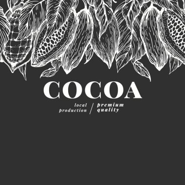 El yapımı kakao tasarımı şablonu. Tebeşir tahtasında vektör kakao bitkisi çizimleri. Retro doğal çikolata arkaplanı