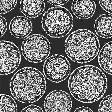 El yapımı narenciye deseni. Tebeşir tahtasında portakal ve limon çizimleri var. Retro meyve arkaplanı