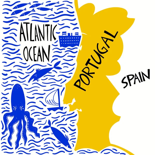 ポルトガルのベクトルハンドは様式化された地図を描いた ポルトガル共和国の水の名前で旅行イラスト 手書き文字イラスト ヨーロッパ地図要素 — ストックベクタ