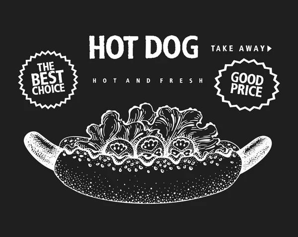 熱い犬のバナーを手で描いた チョークボード上のベクトルファーストフードイラスト レトロな通りの食べ物の背景 — ストックベクタ