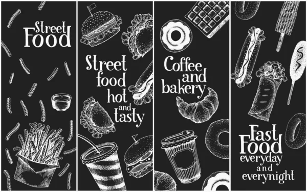 Set Striscioni Street Food Disegnati Mano Illustrazioni Fast Food Vettoriali — Vettoriale Stock