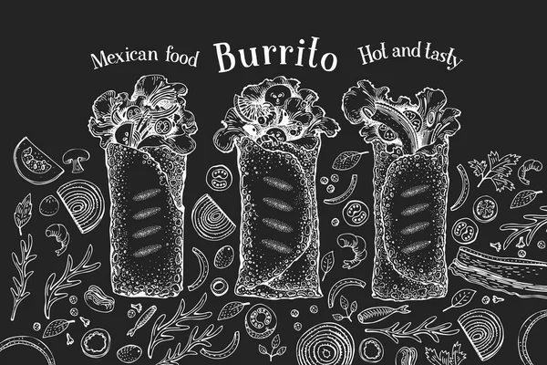 Banner Burrito Desenhado Mão Ilustrações Fast Food Vetoriais Giz Retro — Vetor de Stock
