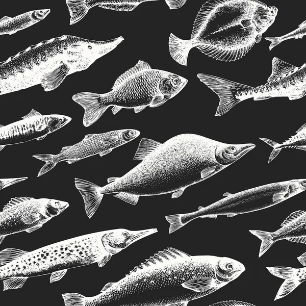 手绘鱼无缝图案 粉笔板上的矢量海鲜插图 复古海洋背景 — 图库矢量图片