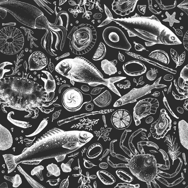 Handgezeichnete Meeresfrüchte Nahtlose Muster Vektorkrebse Und Austern Illustrationen Auf Kreidetafel — Stockvektor