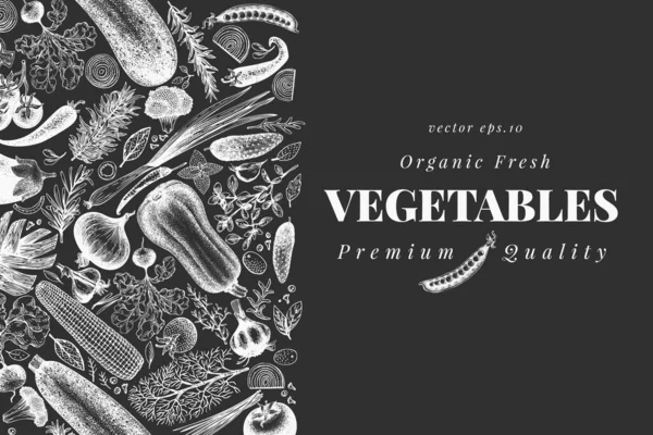 Templat Desain Sayuran Buatan Tangan Vektor Veggie Ilustrasi Papan Kapur - Stok Vektor