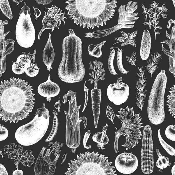 Handritade Grönsaker Sömlöst Mönster Vektor Gård Växter Illustrationer Krita Ombord — Stock vektor
