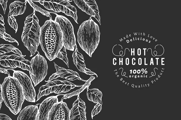 手绘可可设计模板 粉笔板上的矢量可可豆植物图解 复古天然巧克力背景 — 图库矢量图片