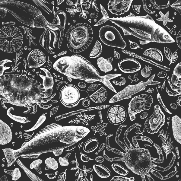 Hand drawn seafood seamless pattern. Vector crabsfishes and oystrers illustrations on chalk board. Retro marine background — Stock Illustration Hand Drawn Seafood Seamless Pattern Vector Crabsfishes Oystrers Illustrations Chalk Royalty Free Stock Vectors