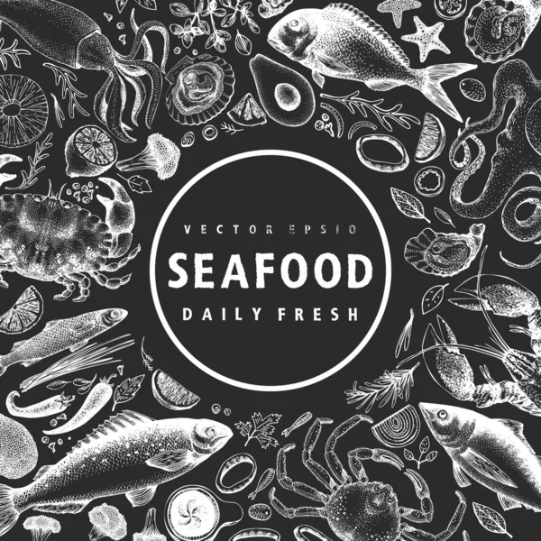 Hand drawn seafood design template. Vector crabsfishes and oystrers illustrations on chalk board. Retro marine background — Stock Illustration Hand Drawn Seafood Design Template Vector Crabsfishes Oystrers Illustrations Chalk Royalty Free Stock Illustrations