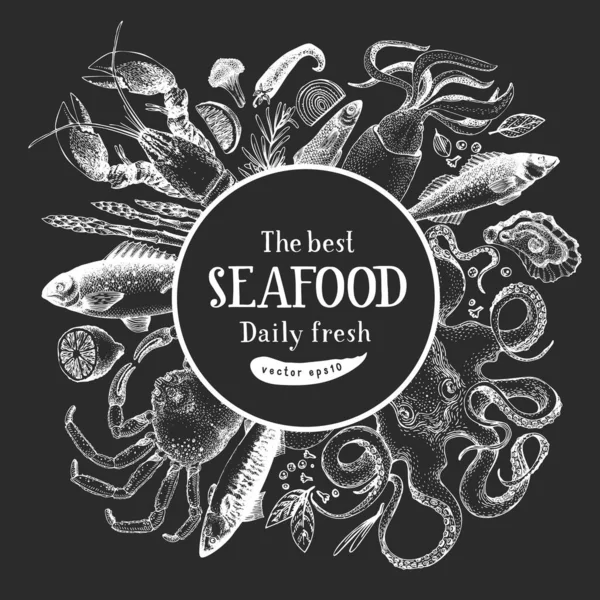 Hand drawn seafood design template. Vector crabsfishes and oystrers illustrations on chalk board. Retro marine background — Stock Illustration Hand Drawn Seafood Design Template Vector Crabsfishes Oystrers Illustrations Chalk Royalty Free Stock Vectors