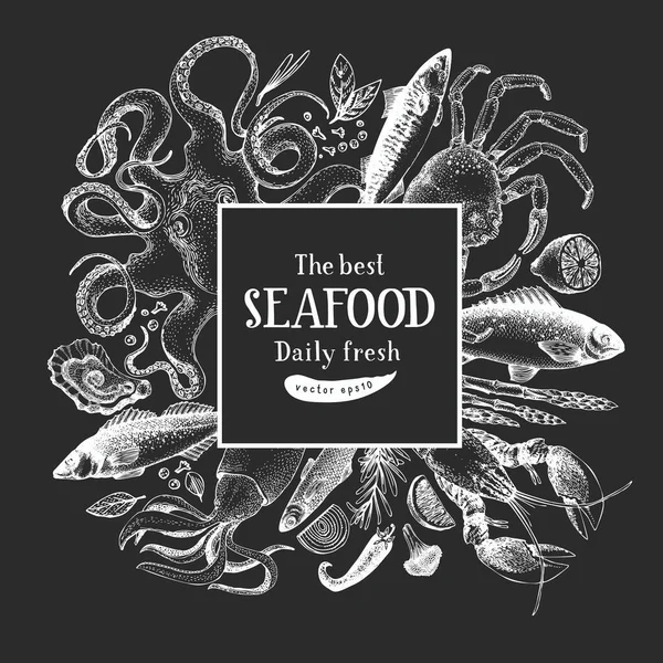 Hand drawn seafood design template. Vector crabsfishes and oystrers illustrations on chalk board. Retro marine background — Stock Illustration Hand Drawn Seafood Design Template Vector Crabsfishes Oystrers Illustrations Chalk Royalty Free Stock Vectors