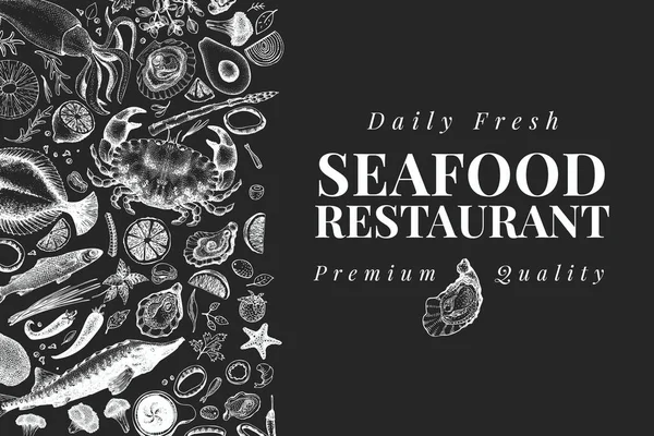 Hand drawn seafood design template. Vector crabsfishes and oystrers illustrations on chalk board. Retro marine background — Stock Illustration Hand Drawn Seafood Design Template Vector Crabsfishes Oystrers Illustrations Chalk Vector Graphics