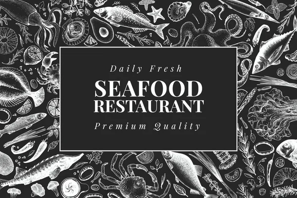 Hand drawn seafood design template. Vector crabsfishes and oystrers illustrations on chalk board. Retro marine background — Stock Illustration Hand Drawn Seafood Design Template Vector Crabsfishes Oystrers Illustrations Chalk Stock Vector