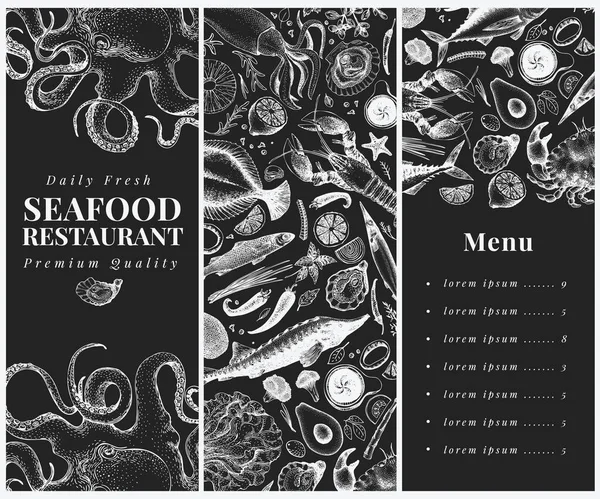 Hand drawn seafood design template. Vector crabsfishes and oystrers illustrations on chalk board. Retro marine background — Stock Illustration Hand Drawn Seafood Design Template Vector Crabsfishes Oystrers Illustrations Chalk Royalty Free Stock Vectors
