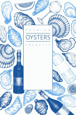 İstiridye tasarım şablonu. El çizimi vektör çizimi. Deniz ürünleri afişi. Tasarım menüsü, ambalaj, balık pazarı, deniz ürünleri ürünleri için kullanılabilir.