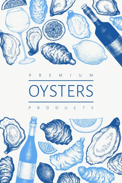 Oysters Design Template Hand Drawn Vector Illustration Seafood Banner Can — Stock Vector