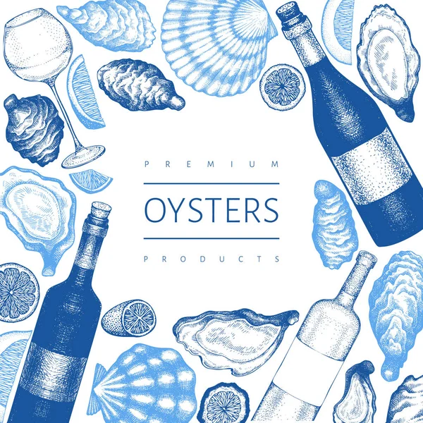 Oysters Design Template Hand Drawn Vector Illustration Seafood Banner Can — Stock Vector