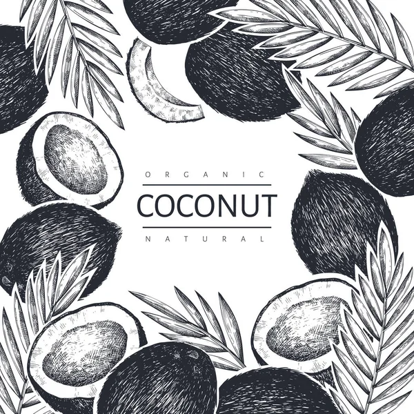 Coco Com Palmeira Folhas Modelo Design Ilustração Comida Vetorial Desenhada —  Vetores de Stock