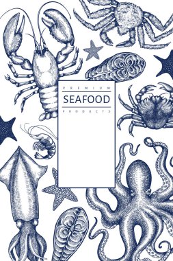 Deniz ürünleri tasarım şablonu. El çizimi deniz ürünleri çizimi. İşlenmiş stil yemek afişi. Retro deniz hayvanları arka planı