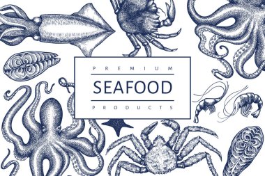 Deniz ürünleri tasarım şablonu. El çizimi deniz ürünleri çizimi. İşlenmiş stil yemek afişi. Retro deniz hayvanları arka planı