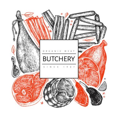 Vintage vektör et ürünleri tasarım şablonu. El yapımı jambon, sosis, jambon, baharat ve otlar. Çiğ gıda malzemeleri. Klasik illüstrasyon. Restoran menüsü için kullanılabilir.