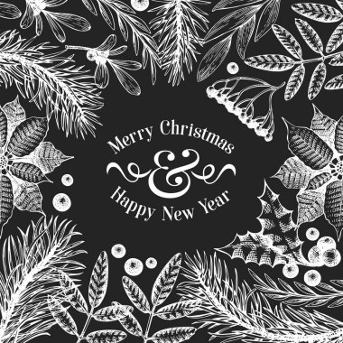 Noel afişi şablonu. Tebeşir tahtasında vektör el çizimleri. Eski tarz tebrik kartı tasarımı. Kış arkaplanı