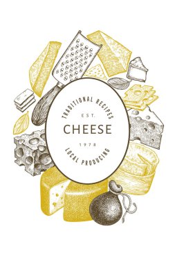 Peynir tasarım şablonu. El çizimi vektör sütçü çizimi. İşlenmiş stil farklı peynir türleri afişi. Antika gıda arka planı.