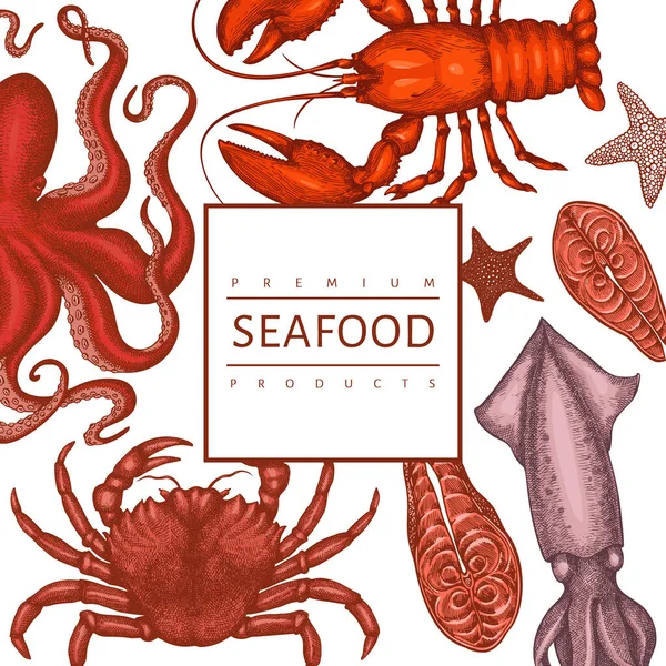 Templat Desain Makanan Laut Ilustrasi Gambar Tangan Makanan Laut Vektor - Stok Vektor