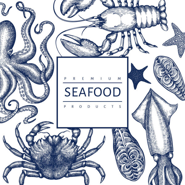 Шаблон дизайна морепродуктов. Векторная иллюстрация морепродуктов. Выгравированный баннер с едой. Ретроморские животные