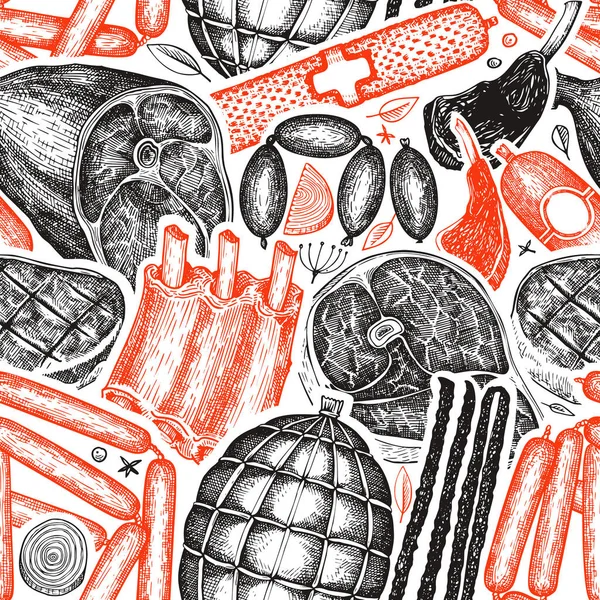 Vintage Produits Viande Vectorielle Motif Sans Couture Jambon Dessiné Main — Image vectorielle