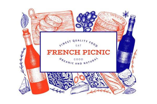 Francuski Wzór Ilustracji Żywności Ręcznie Rysowane Wektorowe Ilustracje Posiłków Piknikowych — Wektor stockowy