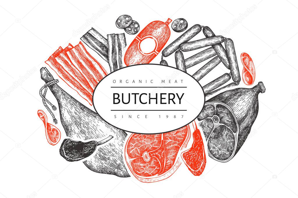 Vintage vector meat products design template. Hand drawn ham, sausages, jamon, spices and herbs. Raw food ingredients. Vintage illustration. Can be use for restaurant menu.