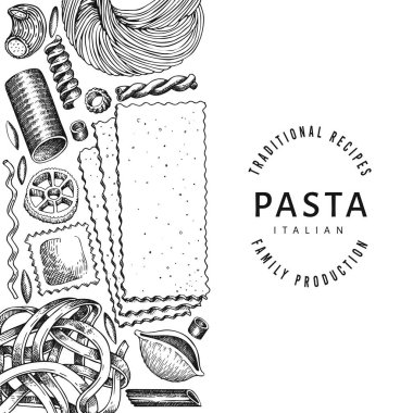 İtalyan makarna tasarımı şablonu. El çizimi vektör besin çizimi. İşlemeli stil. Retro makarna farklı türde arka plan.