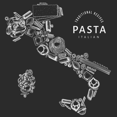 Pasta in the shape of Italy. Hand drawn vector food illustration on chalk board. Retro pasta different kinds background. clipart