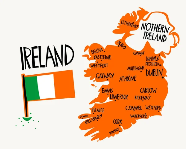 Vector Mão Desenhada Mapa Estilizado Irlanda Ilustração Viagem Cidades República —  Vetores de Stock