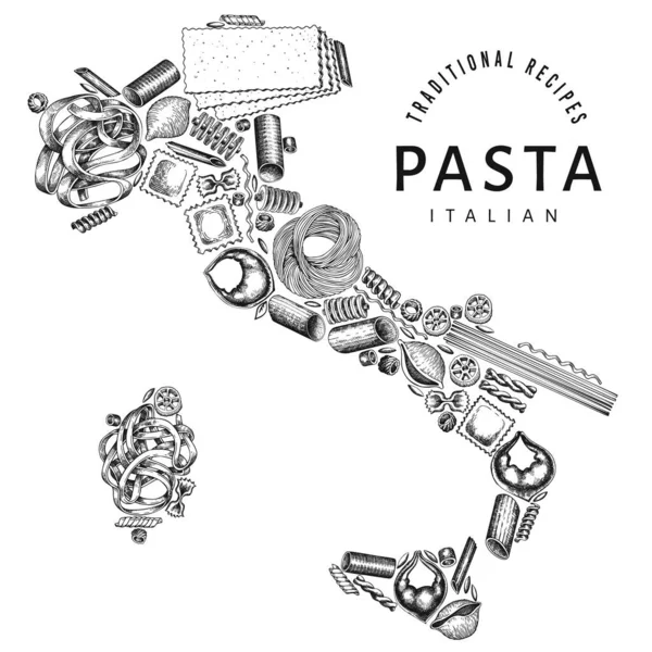 Pasta Forma Italia Ilustración Alimentos Vectoriales Dibujado Mano Plantilla Diseño — Vector de stock